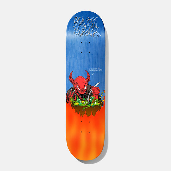 Baker Hawk Sorcery Survival 8.0 skateboard deck: A cartoon red horned demon at a table, about to eat a bowl of small green creatures, with a speech line about eating pointers for breakfast. Riley Hawk in spiky white lettering on blue, fading to orange flames.