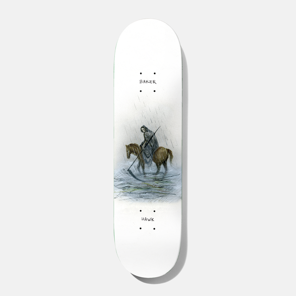 Baker Hawk Storm Drain 8.125 skateboard deck: Painted figure in a dark hooded cloak holding a scythe, riding a brown horse through flooded water in heavy rain, on a white deck with small handwritten brand and rider names.