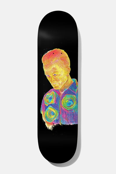 Baker Hawk T - 2000 8.5 skateboard deck: A hand-drawn portrait of a young man with a quiff, head bowed, in a patterned shirt with spiral motifs, coloured in fluorescent yellow, pink, blue and purple scribbled lines against a solid black deck.