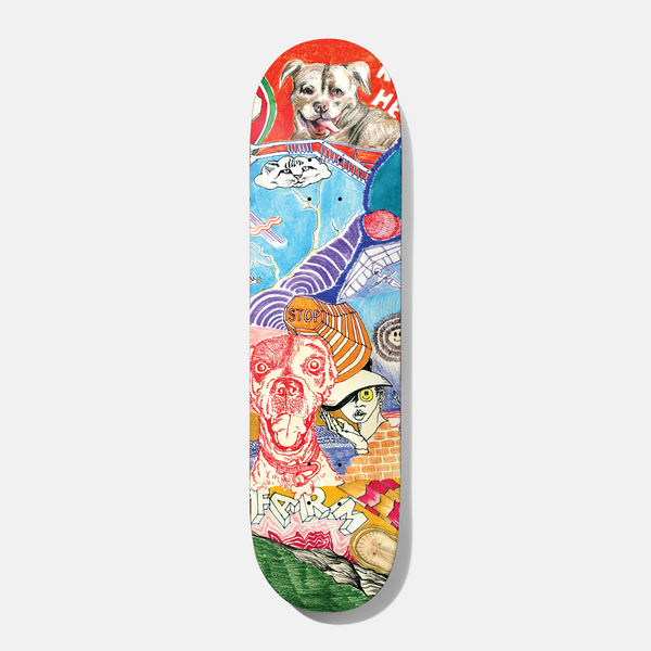 Baker Hawk Thoughts 8.25 skateboard deck: Busy hand-drawn collage in coloured pencil and pen: a grey dog at the top, a cat in a cloud, a stop sign, a red-lined dog's head, a bald figure with a yellow eye, bricks, a clock and an angular lettered label.