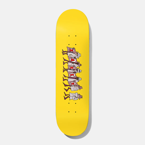Baker Hawk Trench 8.0 skateboard deck: Row of trench-coated, hat-wearing cartoon figures standing in a line, each holding a red lettered shield that together spell Baker, on a plain yellow deck.