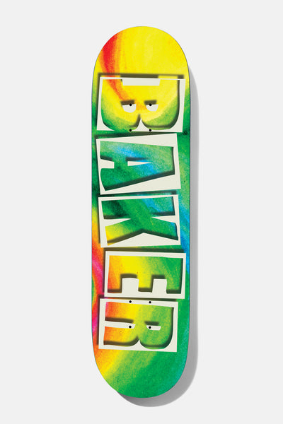 Baker Hawk Watercolor 8.25 skateboard deck: Baker in large cut-out block capitals running down a tie-dye watercolour background of yellow, green, blue and red.