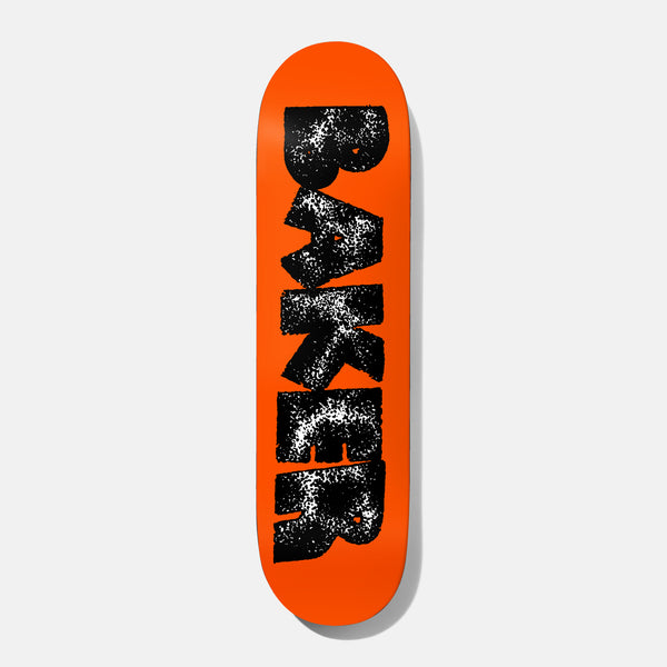 Baker Hawk Wound Up B2 8.25 skateboard deck: Bold black Baker logo in rough, speckled stencil-style lettering with white flecks, running down the length of a bright orange deck.