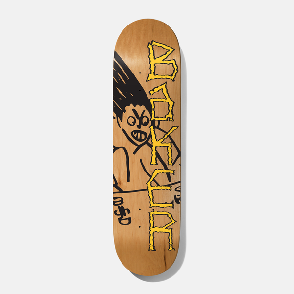 Baker Herman Aggro 8.25 skateboard deck: Crude black ink drawing of an angry, wide-eyed figure with spiky hair, leaning over a table, on a natural wood deck. The brand name runs vertically in jagged yellow lettering.