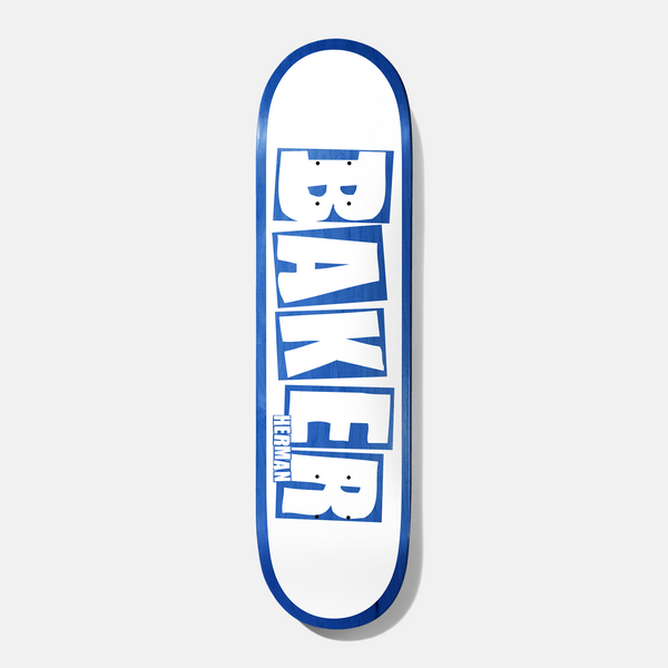 Baker Herman Brand Name White/Blue 8.0 skateboard deck: Baker in large white stacked block letters with blue shading, on a white deck with a blue border. A small HERMAN is printed vertically between the E and R.