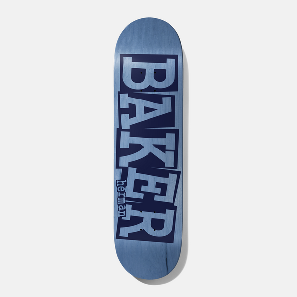 Baker Herman Ribbon Blue Veneer 8.25 skateboard deck: Large Baker ribbon logo with stacked, cut-and-pasted style letters in navy and pale blue over a blue stained veneer, with the rider name herman in small lettering beside it.