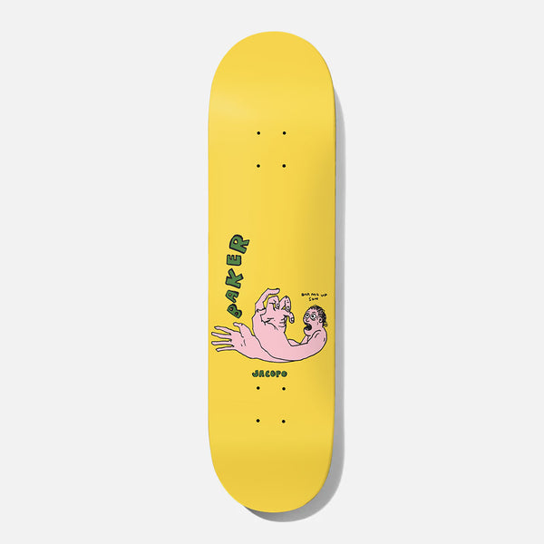 Baker Jacopo Bar Me Up Son 8.475 skateboard deck: A cartoon pink arm ending in a giant hand that reaches for a startled small man, with a speech note Bar Me Up Son, on a plain yellow deck with green Baker and Jacopo lettering.