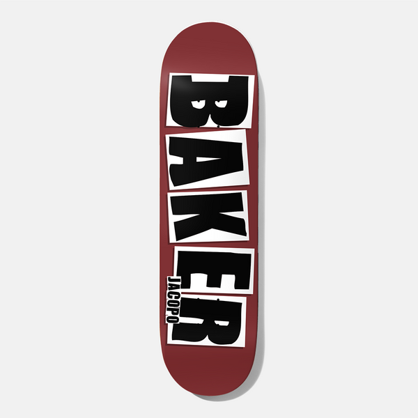 Baker Jacopo Brand Name Maroon Matte 8.0 skateboard deck: Large black Baker logo letters, each on a white torn-paper block, stacked down a matte maroon deck, with a small black rider name label beside the final letter.