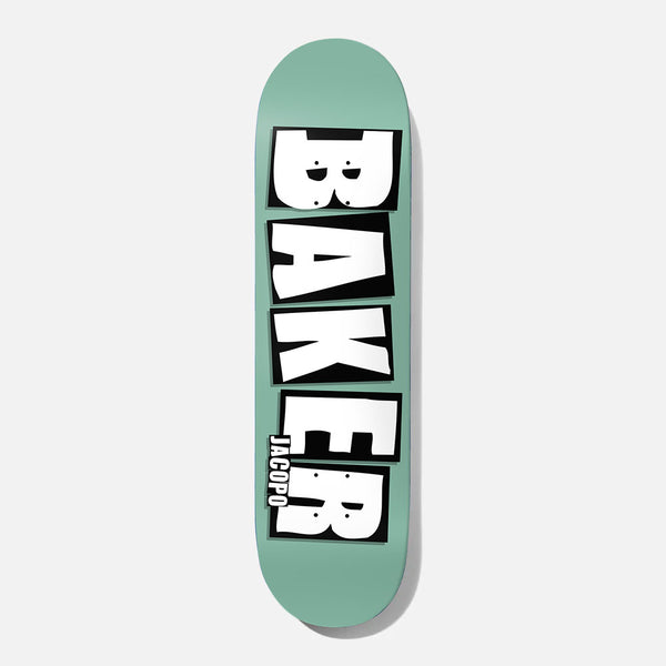 Baker Jacopo Brand Name Mint B2 8.125 skateboard deck: The Baker logo in large white block letters on black tiles, stacked vertically down a flat mint green deck, with a small Jacopo name beside the last letters.