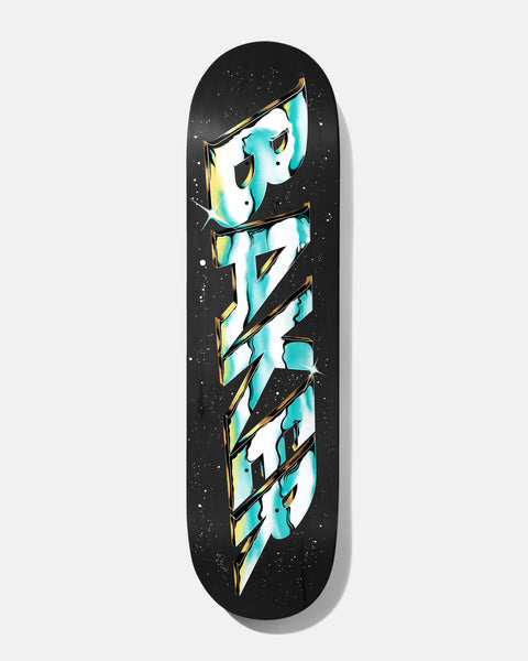 Baker Jacopo Chrome Zone Twin 8.38 skateboard deck: The Baker name in jagged, slanted chrome lettering in teal, white and gold, running down a black deck scattered with white stars and specks.
