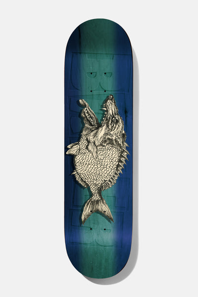 Baker Jacopo Dimensions 8.0 skateboard deck: Blue and teal stained deck with a faint ghosted Baker logo and a drawn engraving-style creature with a wolf's head and a scaled fish body, in cream.