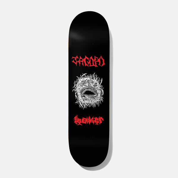 Baker Jacopo Entaglement 8.0 skateboard deck: Black deck with JACOPO in red gothic metal lettering at the top and a Baker logo in the same style at the bottom. Between them is a white line-drawn toothy, tentacled maw.