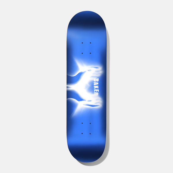 Baker Jacopo Ever New 8.25 skateboard deck: Glowing white pair of cupped hands rendered as a soft airbrushed blur against a deep blue gradient, with the Baker logo set in white across the hands.