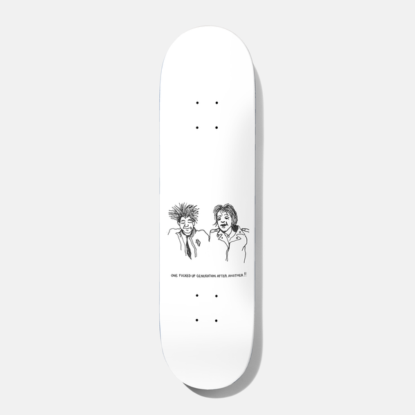 Baker Jacopo Generation 8.5 skateboard deck: A minimal black line drawing of two young people, one with spiky hair and a tie, the other with a fringe and jacket, above a handwritten caption. Plain white deck with the drawing small and central.