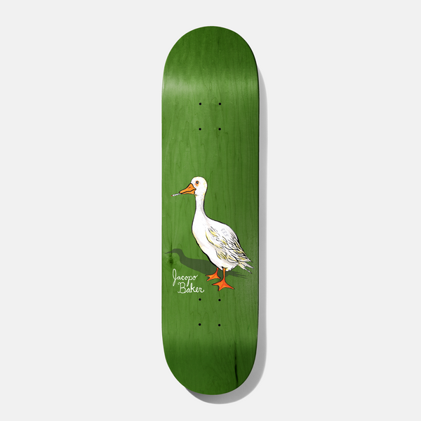 Baker Jacopo Goose 8.125 skateboard deck: Green stained deck with a painted white goose with orange beak and feet, a cigarette in its beak, casting a shadow, with a handwritten Jacopo Baker signature beside it.