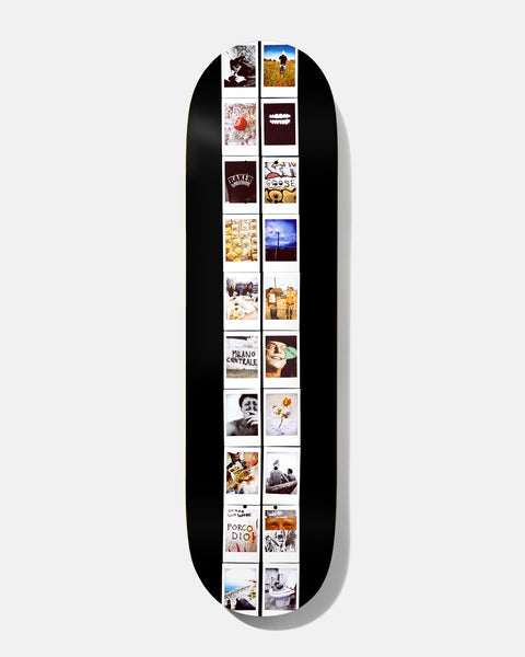 Baker Jacopo Head On Collision 8.5 skateboard deck: Two columns of ten instant-camera snapshots run down a black deck, showing a mix of portraits, landscapes, food and street scenes, with a few handwritten captions such as Milano Centrale and Porco Dio.