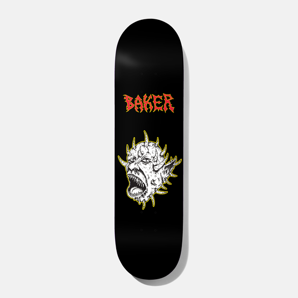 Baker Jacopo Judgement Day 8.475 skateboard deck: Screaming pale demonic head with spikes and sharp teeth, outlined in yellow, on a black deck. Baker name in red spiky metal-style lettering above.
