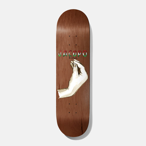 Baker Jacopo Ma Che Vuoi 8.0 skateboard deck: Pale illustrated forearm and hand making the Italian pinched-fingers gesture, with the rider's first name in red, white and green letters, on a brown stained deck.