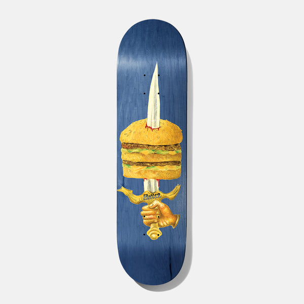 Baker Jacopo Mac Slayer 8.5 skateboard deck: Painted double cheeseburger skewered by a sword, with a gold hand gripping the hilt marked Baker and blood at the blade entry points, on a blue wood-stained deck.
