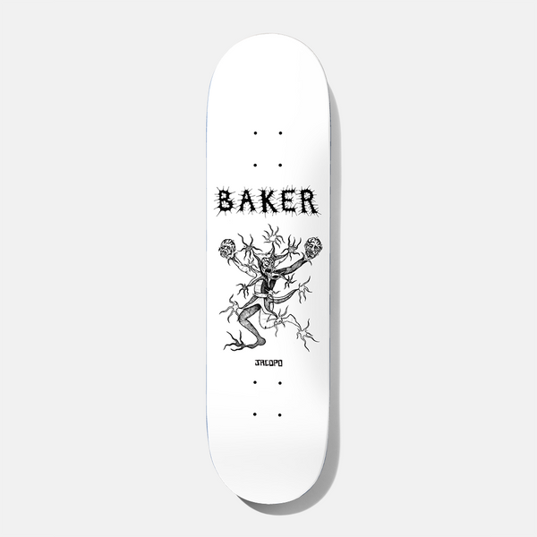 Baker Jacopo Misty Flip Judo Chop 8.25 skateboard deck: Black ink drawing on a white deck of a spindly twisted tree-like figure holding two skulls, under spiky Baker lettering, with the rider's name in small print below.