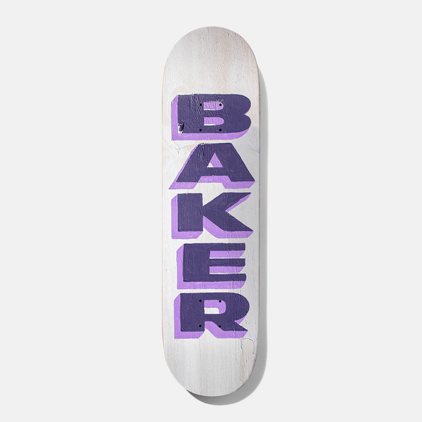 Baker Jacopo Painted 8.0 skateboard deck: Hand-painted BAKER lettering in dark purple with a lilac drop shadow, stacked vertically on a whitewashed wood-effect deck.