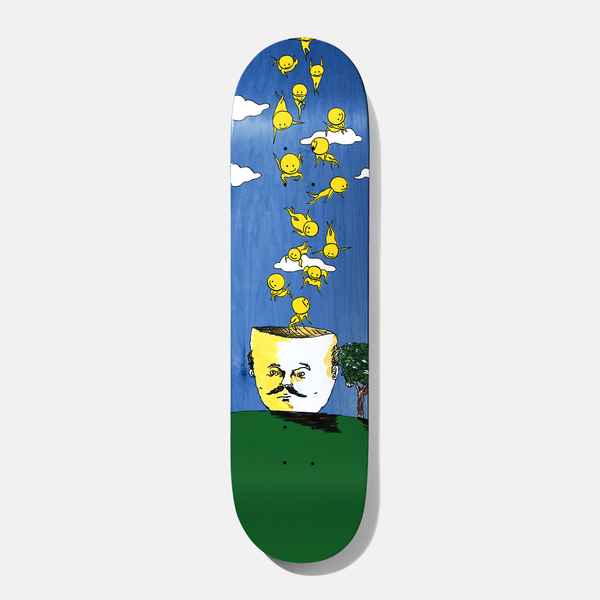Baker Jacopo Picnic Head 8.25 skateboard deck: Painted scene of a moustached man's head cut open like a pot, with many small yellow smiley figures tumbling out into a blue sky with clouds above a green hillside and tree.