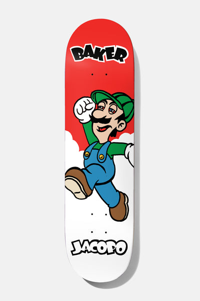 Baker Jacopo Power Up Again 8.25 skateboard deck: A cartoon plumber in a green cap and blue dungarees jumps with a raised fist among white clouds on a red-topped deck, with the Baker logo at the top and 'JACOPO' lettered at the tail.