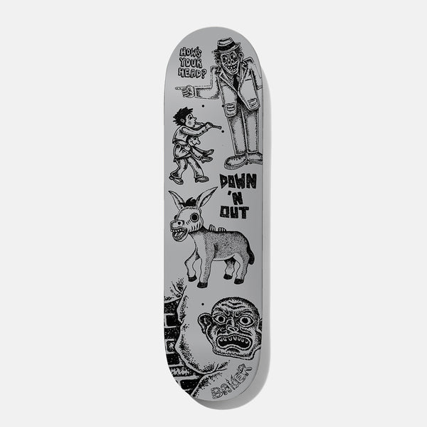 Baker Jacopo Stop and Think 8.38 skateboard deck: Grey deck covered in black tattoo-style drawings: a pointing man in a hat asking how's your head, a boy carrying another on his shoulders, a donkey, a grimacing face against bricks and the words down 'n out.