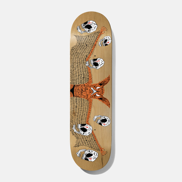 Baker Jacopo Throwback From The Dead 8.25 skateboard deck: Line drawing of a horned, bat-like creature with spread, feathery wings on natural wood, surrounded by six white skulls with red details, printed in black and orange.