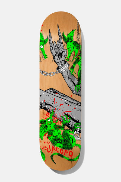 Baker Jacopo Toxic Rats 8.25 skateboard deck: Grey armoured arm in chains making a devil-horns hand, rising from a grey log among green hairy rat creatures and red blood splatter, on a natural wood deck. Jacopo in red lettering at the foot.
