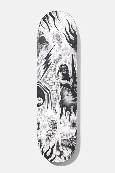 Baker Jacopo Tryptic 8.25 skateboard deck: A black-and-white pen-and-ink collage of flames, lightning bolts, an eight ball, skulls, a snarling wolf and a long-haired skeletal figure with a gun, against a brick wall and smoky flames.