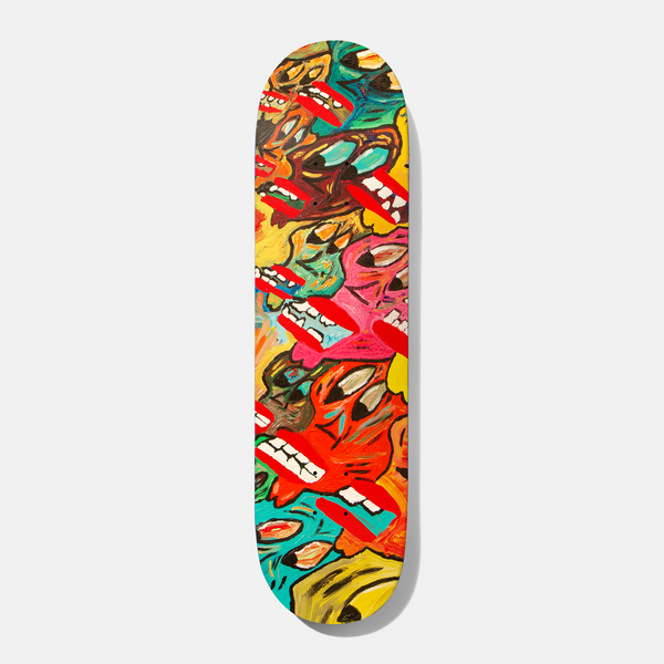 Baker Jacopo Ty Segall 8.5 skateboard deck: Chaotic painted pattern of overlapping distorted faces with open mouths, red lips and bared teeth, in thick brushwork. Colourful, expressionist style filling the whole deck.