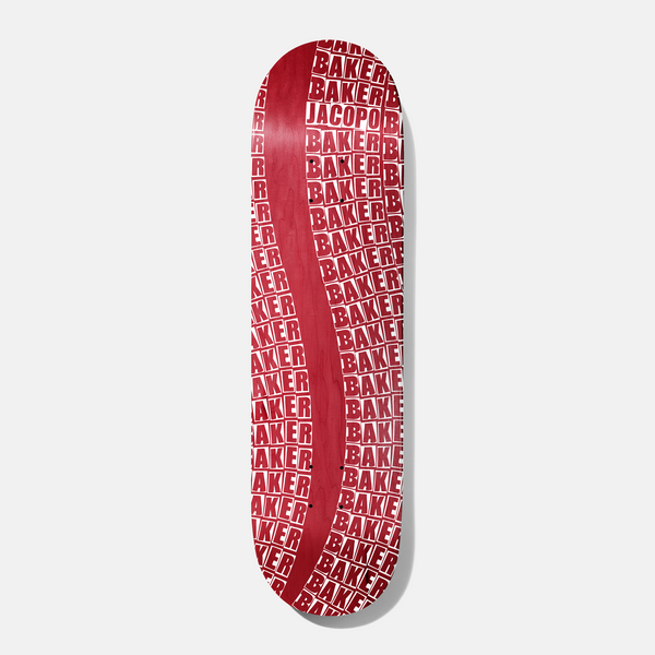 Baker Jacopo Wavy Red 8.125 skateboard deck: Red deck covered in repeated boxed Baker logos in white, with a smooth wavy plain red stripe running down the middle. Rider name Jacopo appears among the repeats.