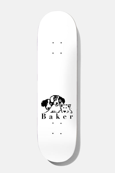 Baker Jacopo Where my Dogs At 8.0 skateboard deck: A small black and white drawing of three dogs huddled together sits above 'Baker' in a serif typeface, in the lower half of a plain white deck.