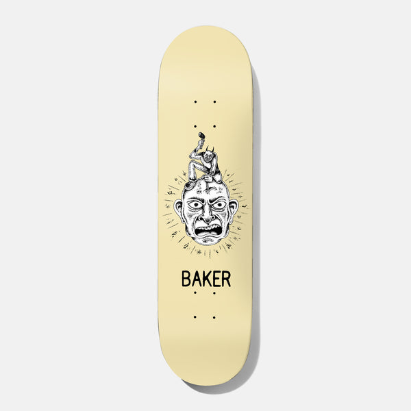 Baker Figgy Chisel Head 8.125 skateboard deck: Cream deck with a black and white drawing of a scowling stone-like head with radiating lines, a small horned figure sitting on top swinging a chisel or hammer. BAKER is printed below in black.