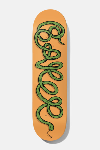 Baker Figgy Snake 8.25 skateboard deck: A green snake with a stippled body loops and coils down the length of an orange deck, its looping shape forming a cursive-style word, with its head near the tail.