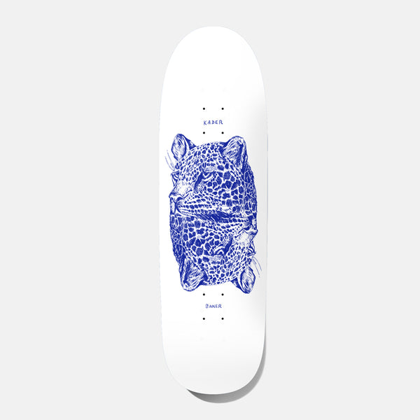 Baker Kader Big Bodies Shaped 9.0 skateboard deck: Blue ink drawing of a spotted leopard's head, mirrored top to bottom, on a white shaped deck, with 'Kader' and 'Baker' in small blue handwriting.