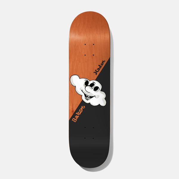 Baker Kader Brainstorm 8.0 skateboard deck: A grinning cartoon cloud with a nose and wide eyes sits on a diagonal split between orange-stained wood and black. 'Baker' and 'Kader' are written in script on either side of the split.