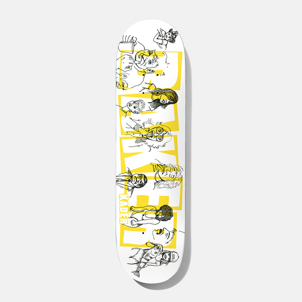 Baker Kader Brand Name Sketch 8.38 skateboard deck: Large yellow Baker block lettering over a white deck, overlaid with black line drawings of many assorted people and figures. 'Kader' appears in small white text on the yellow letters.