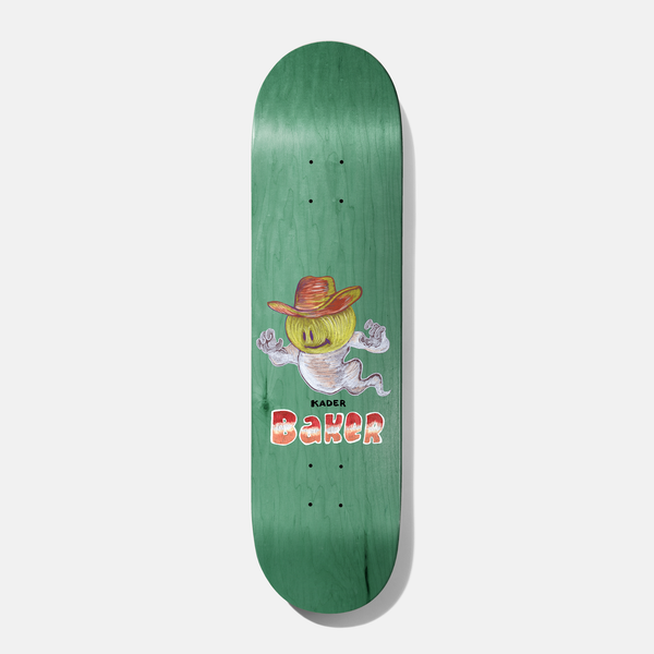 Baker Kader Constructors 8.625 skateboard deck: A crayon-style cartoon ghost with a smiling yellow face wearing a red cowboy hat, arms raised, above red and white bubble lettering reading Baker. Rider name in small text above, on a green stained deck.