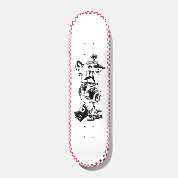 Baker Kader Daydreams 8.475 skateboard deck: Black line-drawn surreal stack of faces, an animal head, a bespectacled man and a play button, with the word The, on a white deck with a red and white checkerboard edge.