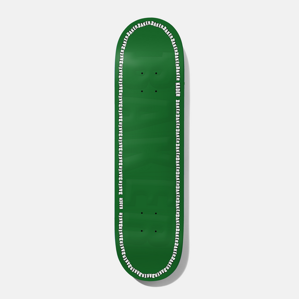 Baker Kader Edge Green Embossed 8.0 skateboard deck: Plain green deck with a repeating BAKER wording around the outer edge in white, KADER name in the ring, and a large embossed tone-on-tone Baker logo in the middle.