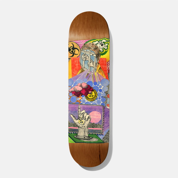 Baker Kader Hot Dogs Lament 8.0 skateboard deck: Colourful collage-style drawing in crayon and ink: a face behind prison bars with a biohazard symbol, a cloud of circles, and a hand giving a horns gesture with a dog face on a plinth. Purple landscape with pink moon below, on a brown stained deck.