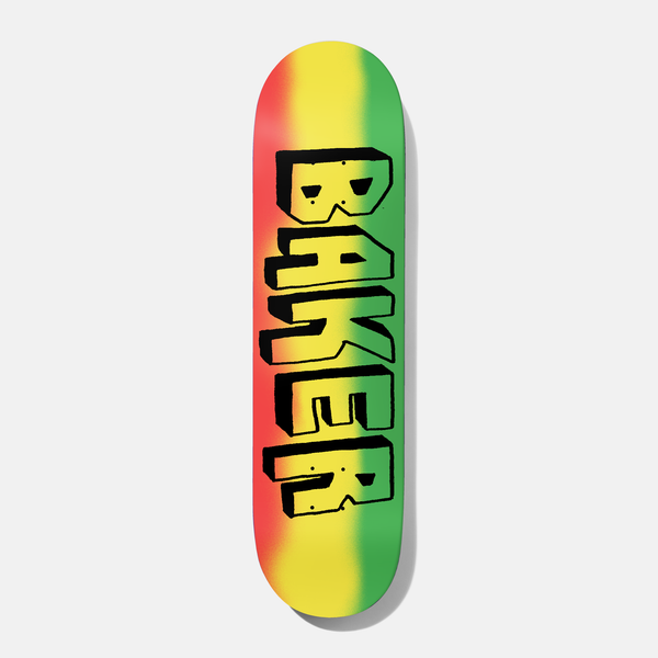 Baker Kader Jammys 8.125 skateboard deck: Chunky black blocky Baker lettering with a drop shadow, set vertically over a spray-blended red, yellow and green rasta-coloured stripe background.