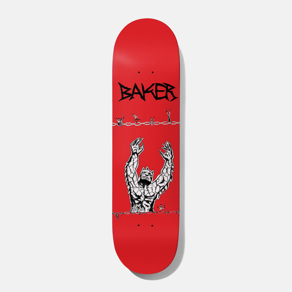 Baker Kader Judgement Day 8.38 skateboard deck: Black-and-white illustration of a chained, horned demon rising with clawed hands raised, with tiny figures hauling chains across the deck, on solid red. Spiky BAKER lettering at the top.
