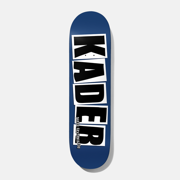 Baker Kader Logo Navy B2 8.25 skateboard deck: Name 'KADER' in large black block letters on tilted white cut-out tiles, with 'Baker Skateboards' in small white text on the bottom tile. Plain navy blue deck.