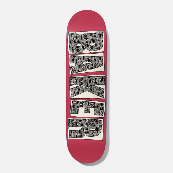 Baker Kader Maze 8.5 skateboard deck: The Baker logo in tall stacked block letters on a pink deck, each letter filled with a dense black and white pen drawing of tangled maze-like patterns, faces and eyes, set in cream boxes.