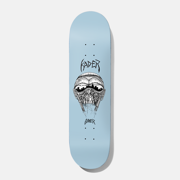 Baker Kader Misty Flip Judo Chop 8.475 skateboard deck: Pale blue deck with a black and white ink drawing of a skull wearing a helmet with city skyline reflected in the visor, flanked by two guns. Metal-style lettering above and below.