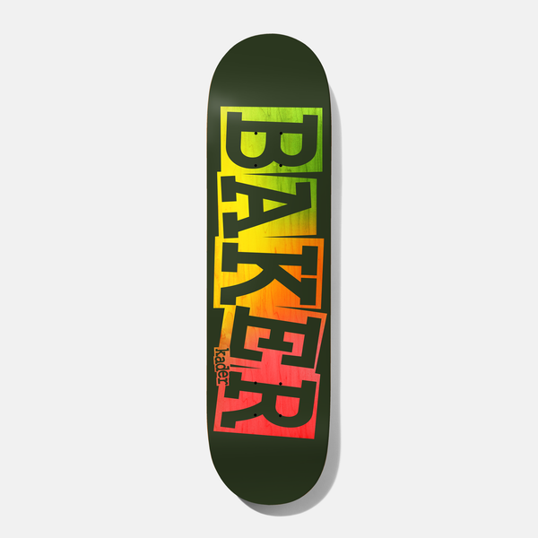 Baker Kader Ribbon Green Rainbow 8.125 skateboard deck: A large stacked 'Baker' ribbon logo in dark olive letters with a green, yellow, orange and red gradient showing through, and a small 'kader' signature beside the R, on a dark olive deck.
