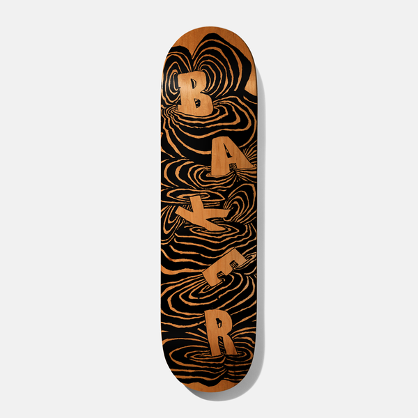 Baker Kader Swirls 8.125 skateboard deck: Black deck with orange-tan wood showing through as swirling ripple lines. The Baker letters are stacked down the board, appearing to sink and distort in the rippling pattern.